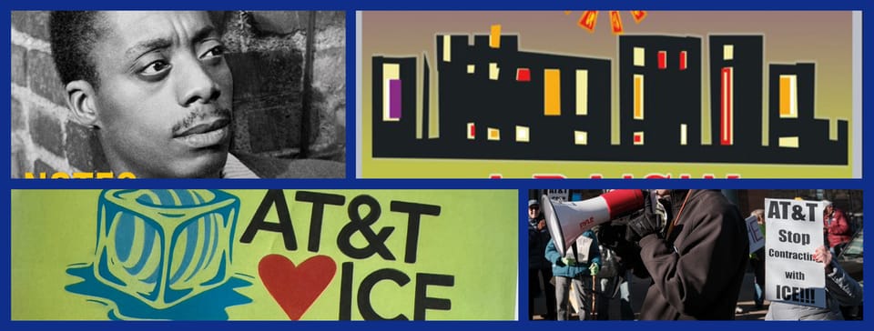 Collage with 4 images (top left to bottom right): James Baldwin with mustache, an abstract cityscape, protest flier, protest sign closeup.