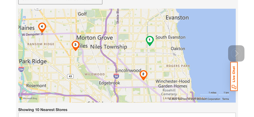 A map of some Home Depot locations north of Chicago